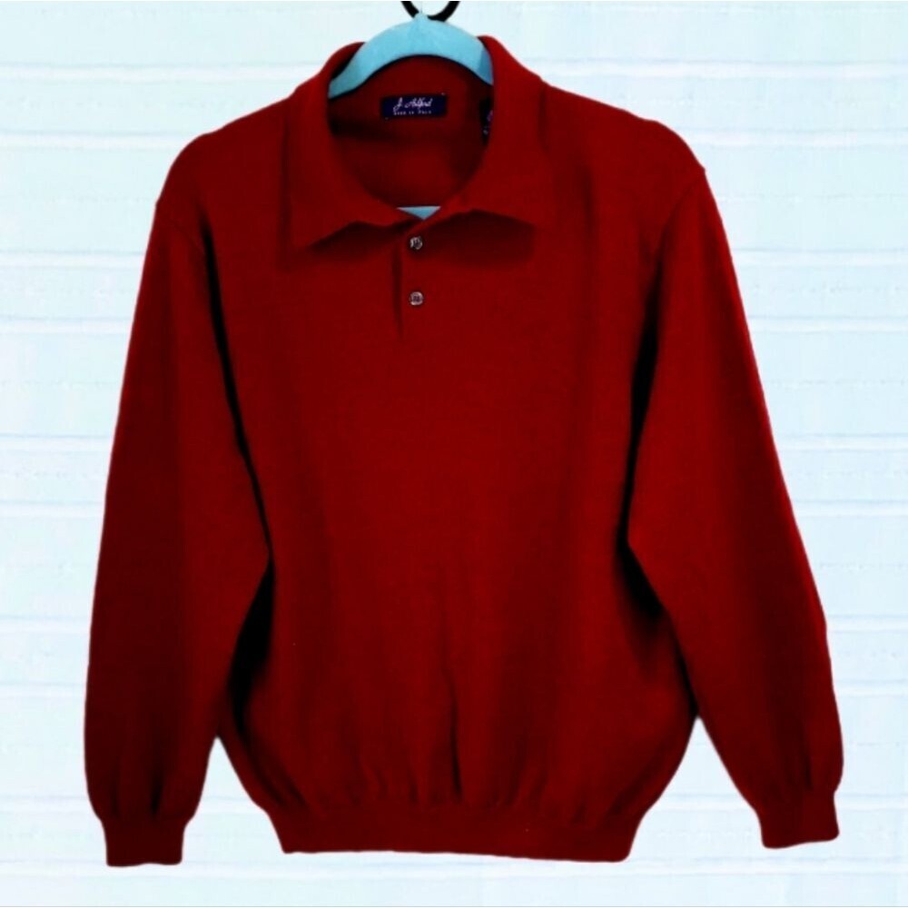 Fine Merino Wool Sweater w/ Polo Collar Heathered Cranberry Men's L